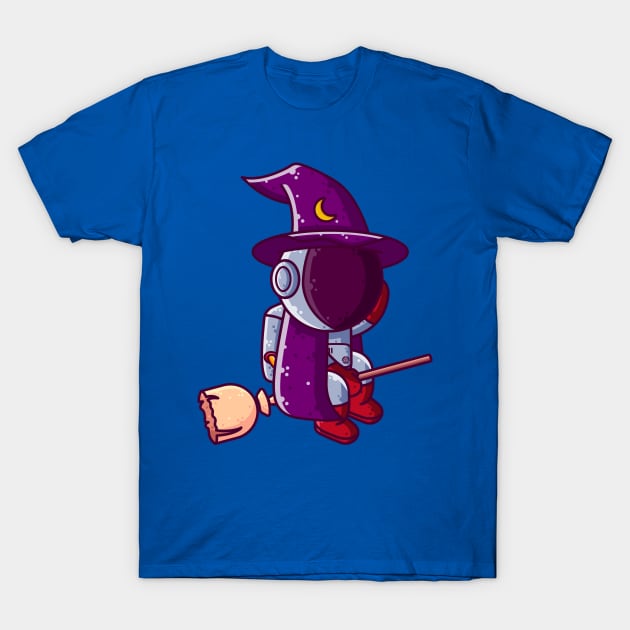 Cute Astronaut Witch Flying Broom Halloween Cartoon T-Shirt by Ardhsells